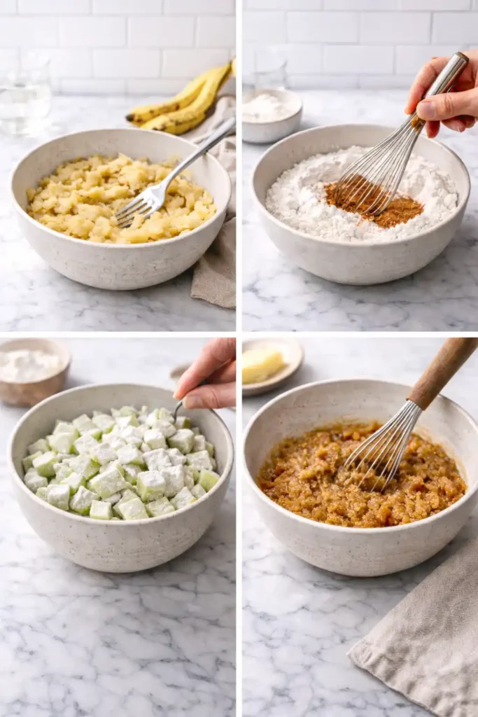 4-panel step-by-step grid showing prep for apple banana bread: mashing in stoneware bowl, whisking dry, flouring apples, and mixing butter/sugar.