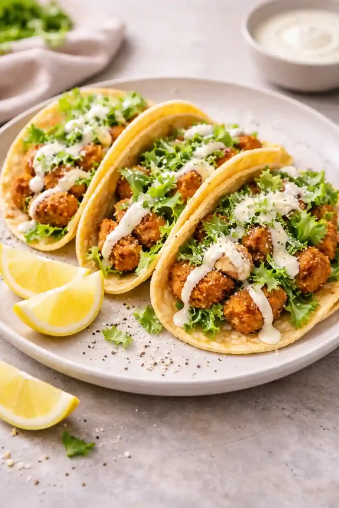 Crispy chicken Caesar smashed tacos topped with romaine, Parmesan, and Caesar dressing on a light plate