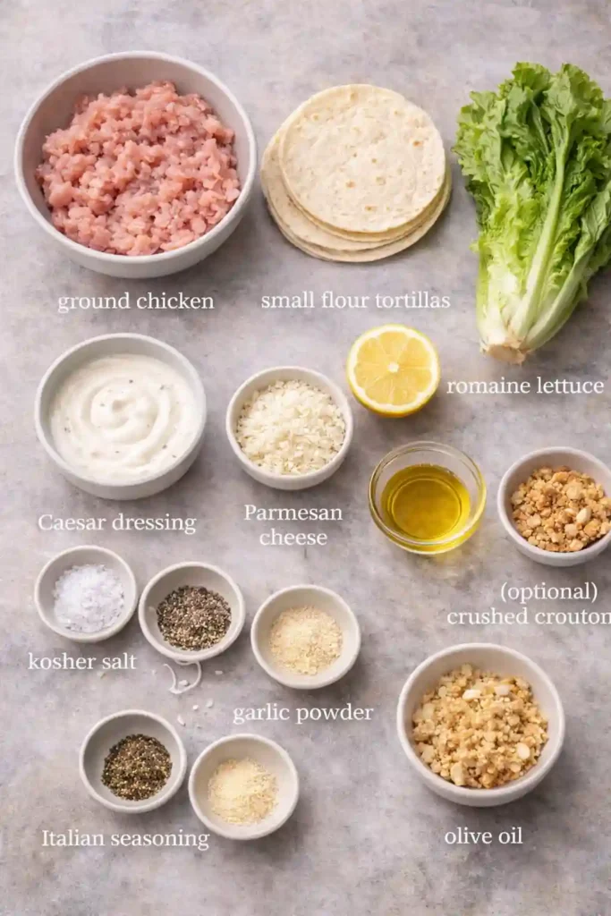 Organized ingredients for chicken Caesar smashed tacos including ground chicken, tortillas, romaine, Caesar dressing, Parmesan, lemon, and seasonings