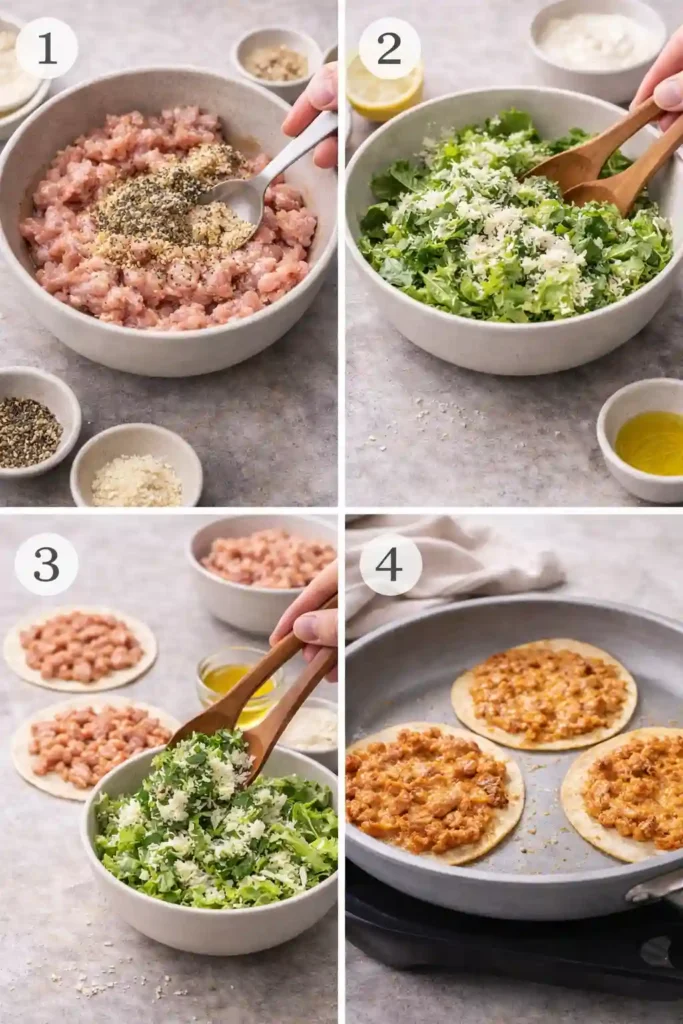 Step-by-step panels showing seasoned ground chicken, Caesar topping, spreading chicken onto tortillas, and cooking the tacos
