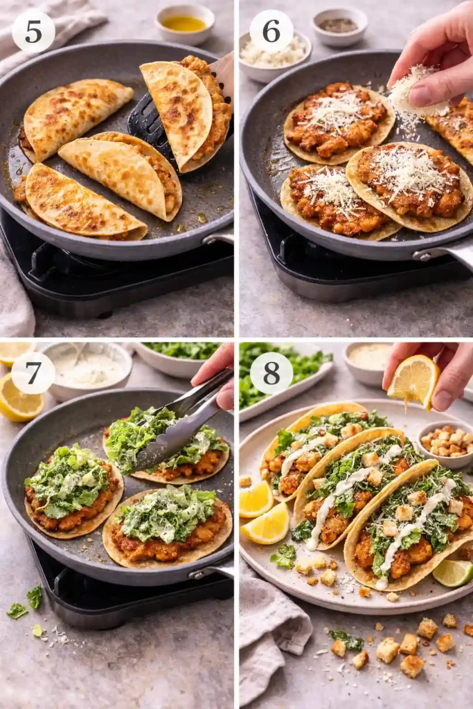 Step-by-step panels showing tacos flipped to crisp, Parmesan added, romaine topping added, and finished tacos ready to serve