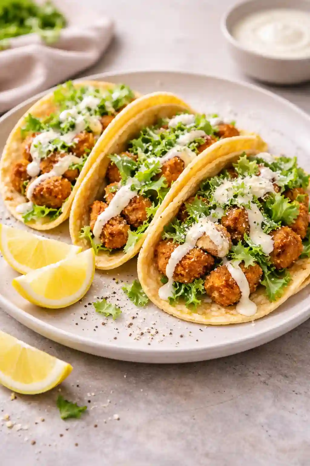 Crispy chicken Caesar smashed tacos topped with romaine, Parmesan, and Caesar dressing on a light plate