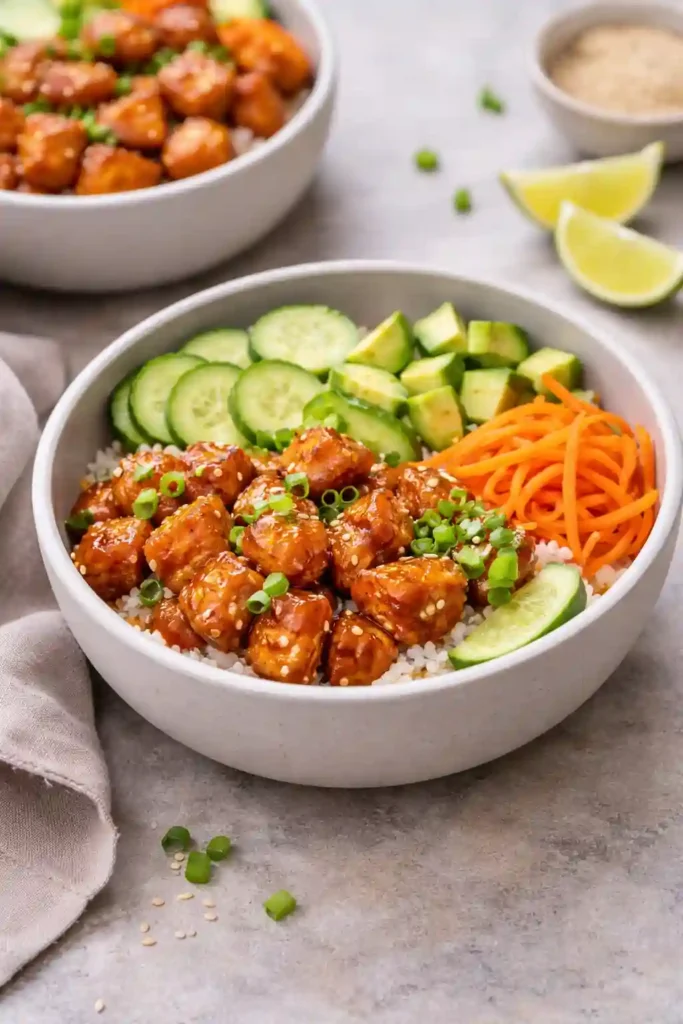 Hero image Image file name: hot-honey-chicken-rice-bowls-hero.jpg Alt text: Hot honey chicken rice bowls with crispy chicken, white rice, cucumber, avocado, and carrots Prompt: Subject: a finished bowl of hot honey chicken rice bowls with glossy crispy bite-size chicken over fluffy white rice, diced cucumber, sliced avocado, shredded carrots, green onions, sesame seeds, lime wedge Composition: 3/4 overhead angle, one main hero bowl centered, a second slightly blurred bowl in the background, sauce sheen clearly visible on the chicken Lighting: soft natural window light, bright but gentle, clean editorial highlights Styling: minimal modern food styling, neutral ceramic bowl, light stone surface, subtle linen napkin, no clutter, fresh but restrained garnish Camera feel: premium food magazine realism, crisp detail, appetizing texture, shallow depth of field Aspect ratio suggestion: 4:5 Realism level: very high realism Negative constraints: no extra ingredients not in recipe, no messy splatters, no oversized garnish, no unrealistic steam, no chopsticks, no dark moody lighting 2. Ingredients image Image file name: hot-honey-chicken-rice-bowls-ingredients.jpg Alt text: Ingredients for hot honey chicken rice bowls including chicken, rice, honey, hot sauce, cucumber, avocado, and carrots Prompt: Subject: neatly arranged ingredients for hot honey chicken rice bowls including raw chicken thigh pieces in a bowl, cooked white rice, honey, hot sauce, butter, apple cider vinegar, cucumber, avocado, shredded carrots, green onions, sesame seeds, lime, spices, cornstarch, olive oil Composition: top-down flat lay with small bowls and ingredients grouped clearly by chicken, sauce, and bowl toppings Lighting: soft natural daylight, even exposure, fresh and polished Styling: clean prep scene, minimal ceramic prep bowls, modern kitchen editorial look, neutral palette with colorful ingredients standing out Camera feel: realistic cookbook ingredient shot, organized and easy to read visually Aspect ratio suggestion: 4:5 Realism level: very high realism Negative constraints: no missing core ingredients, no packaged branded items, no clutter, no wooden spoons crossing ingredients, no extra herbs not used in recipe 3. Step-by-step composite image A Image file name: hot-honey-chicken-rice-bowls-steps-1.jpg Alt text: Step-by-step hot honey chicken rice bowls showing seasoned chicken, sauce preparation, and skillet cooking Prompt: Subject: 4-panel composite showing the first half of the hot honey chicken rice bowls recipe Composition: Panel 1: bite-size chicken pieces in a mixing bowl being coated with salt, pepper, garlic powder, smoked paprika, and cornstarch Panel 2: small saucepan with honey, hot sauce, butter, red pepper flakes, and vinegar being gently stirred into a glossy hot honey sauce Panel 3: chicken pieces added to a hot skillet in a single layer Panel 4: chicken turning golden and lightly crisp in the skillet Lighting: consistent soft natural daylight across all panels Styling: same neutral cookware family, minimal modern kitchen styling, clean surfaces, visually coherent with hero shot Camera feel: realistic editorial cooking tutorial, sharp details, easy-to-follow visual storytelling Aspect ratio suggestion: 16:9 Realism level: very high realism Negative constraints: no fake steps, no baking tray, no deep fryer, no extra sauces, no inconsistent cookware colors, no clutter 4. Step-by-step composite image B Image file name: hot-honey-chicken-rice-bowls-steps-2.jpg Alt text: Step-by-step hot honey chicken rice bowls showing sauced chicken, bowl assembly, and final hot honey drizzle Prompt: Subject: 4-panel composite showing the second half of the hot honey chicken rice bowls recipe Composition: Panel 1: cooked chicken in skillet being tossed with hot honey sauce until glossy Panel 2: warm white rice being spooned into serving bowls Panel 3: bowls being topped with hot honey chicken, cucumber, avocado, shredded carrots, and green onions Panel 4: finished bowls being drizzled with extra hot honey sauce and served with lime wedges Lighting: same soft natural daylight as previous images Styling: same ceramic bowls, same surface, same prop logic, modern polished food editorial style Camera feel: realistic step-by-step cookbook photography, consistent lens feel and color balance Aspect ratio suggestion: 16:9 Realism level: very high realism Negative constraints: no garnish changes between panels, no extra toppings, no unrealistic hand poses, no clutter, no inconsistent plating