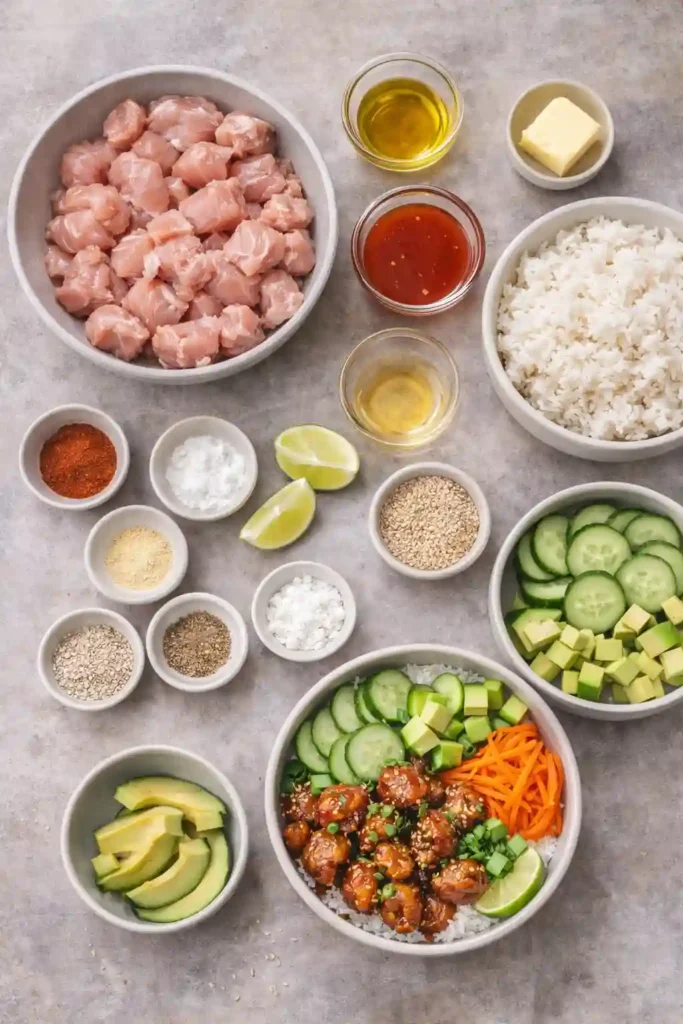 Ingredients for hot honey chicken rice bowls including chicken, rice, honey, hot sauce, cucumber, avocado, and carrots