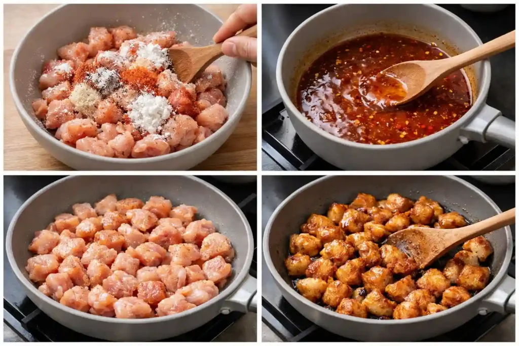 Step-by-step hot honey chicken rice bowls showing seasoned chicken, sauce preparation, and skillet cooking