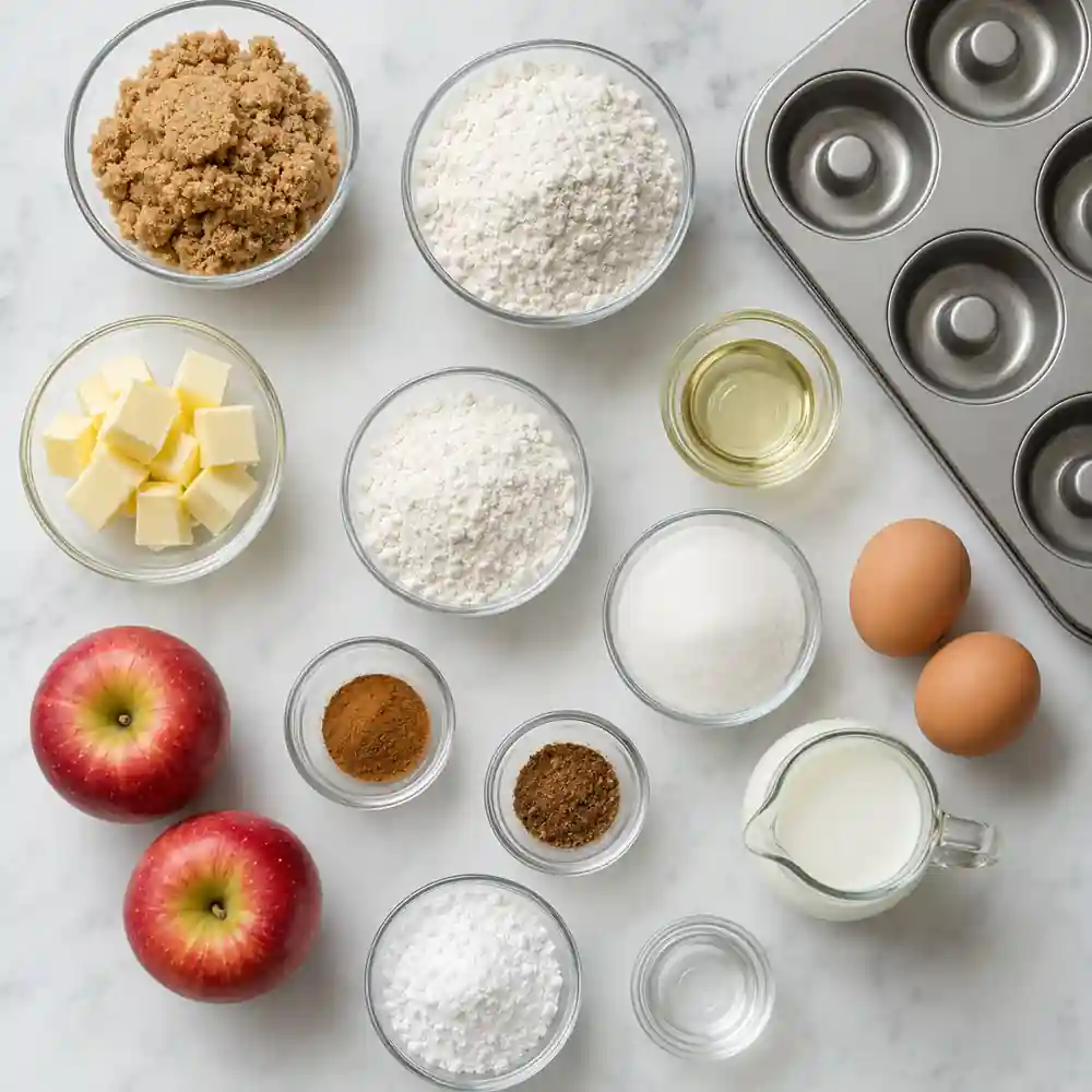 Ingredients for Apple Crumble Baked Donuts arranged on white marble