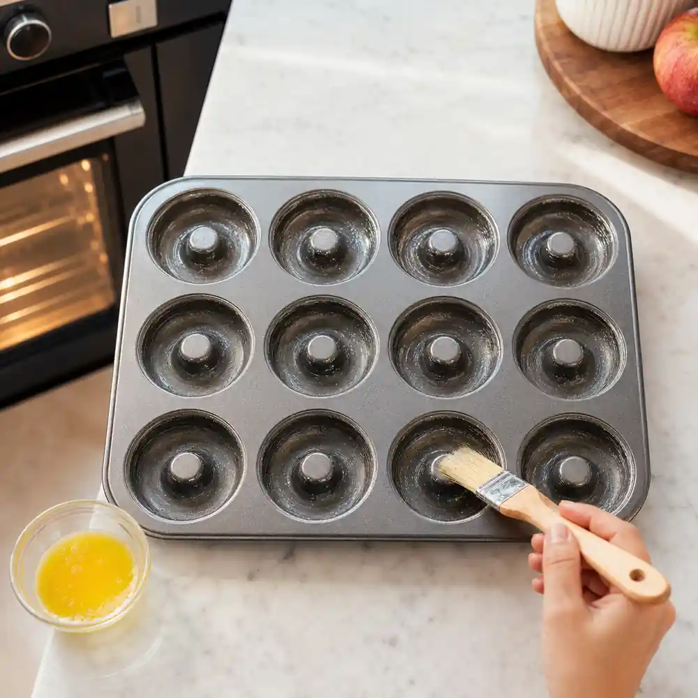 Greasing a 12-cavity donut pan for Apple Crumble Baked Donuts