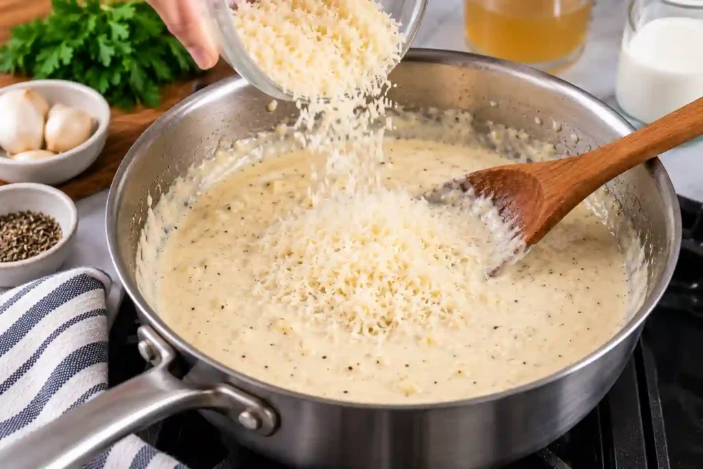 Freshly grated Parmesan melting into the cream sauce for garlic parmesan chicken pasta