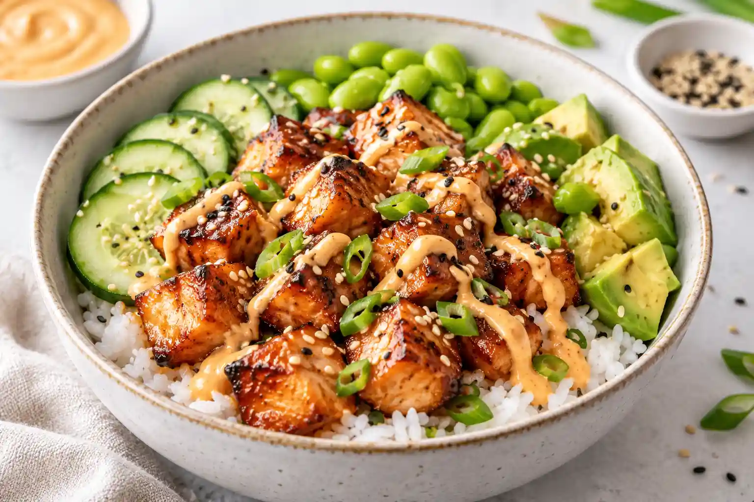 Air fryer salmon bites bowl with jasmine rice, cucumber, avocado, edamame and spicy mayo