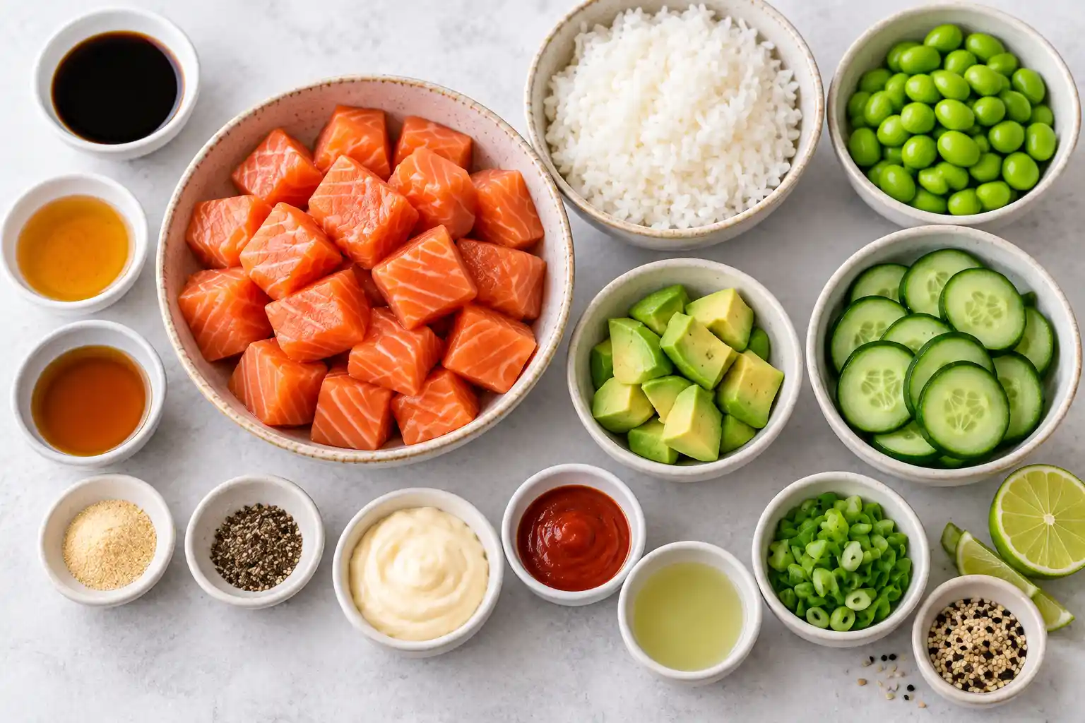 Salmon, jasmine rice, cucumber, avocado, edamame and sweet soy glaze ingredients