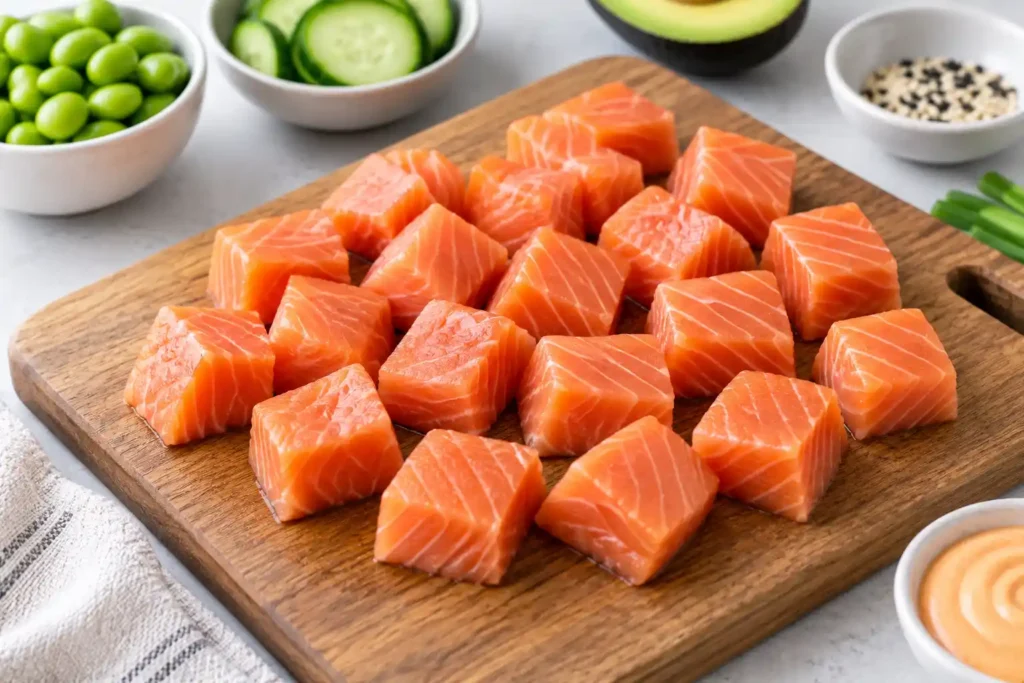 Skinless salmon cut into uniform 1-inch cubes on a cutting board