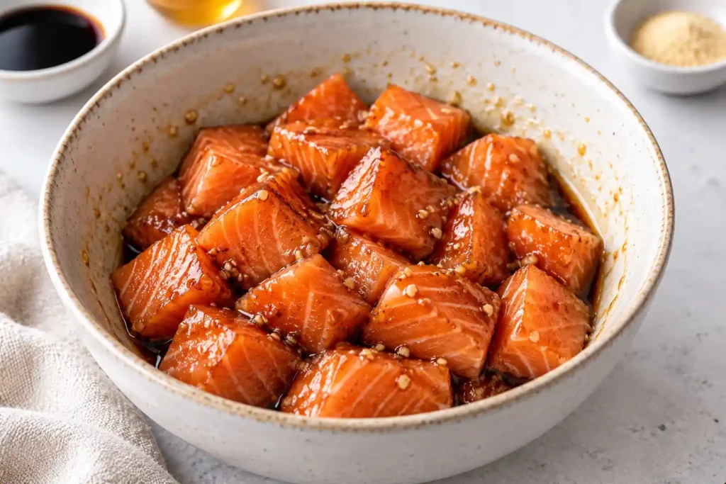 Salmon cubes coated in a glossy honey soy and sesame glaze