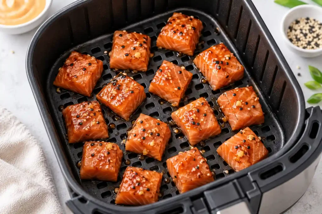 Glazed salmon cubes spaced in a single layer in an air fryer basket