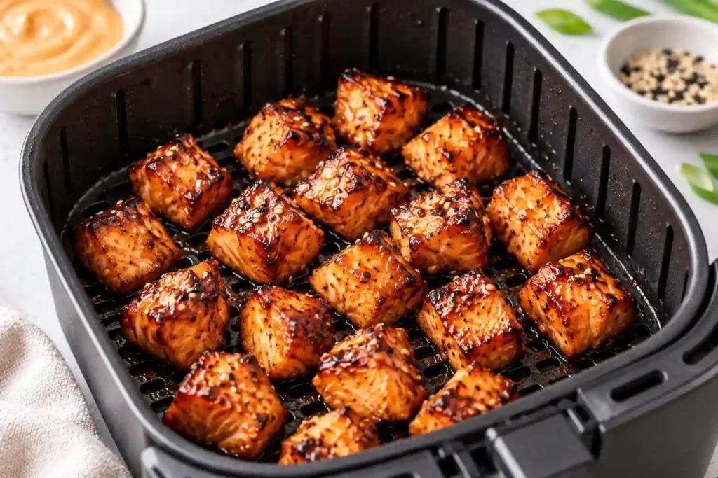 Crispy salmon bites with glossy browned sweet soy edges after air frying