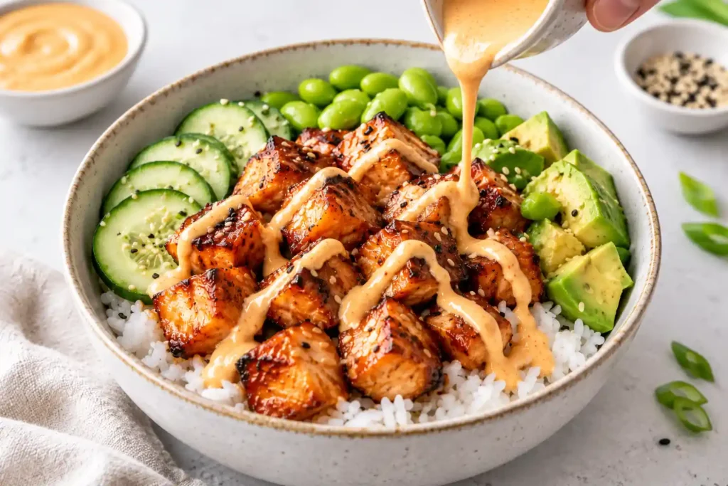 Salmon rice bowl being finished with avocado, edamame and spicy mayo