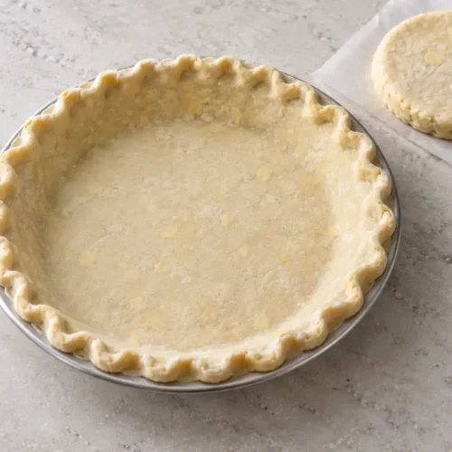 All butter pie crust with a crimped rim in a metal plate beside a second dough disk