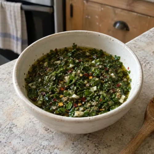 Authentic chimichurri recipe in a hand-chopped parsley sauce bowl