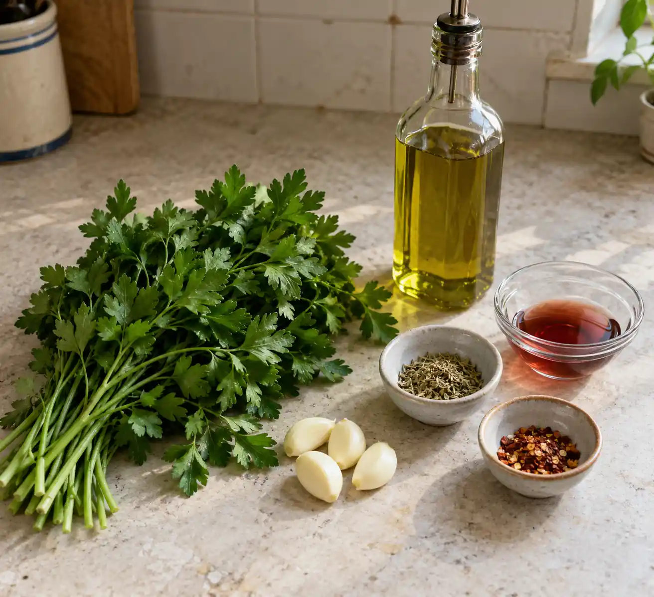 Authentic chimichurri recipe ingredients: parsley, garlic, oregano, red pepper flakes, olive oil, and red wine vinegar