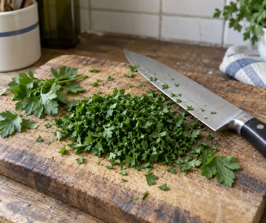 Hand-chopped flat-leaf parsley on a worn cutting board for chimichurri