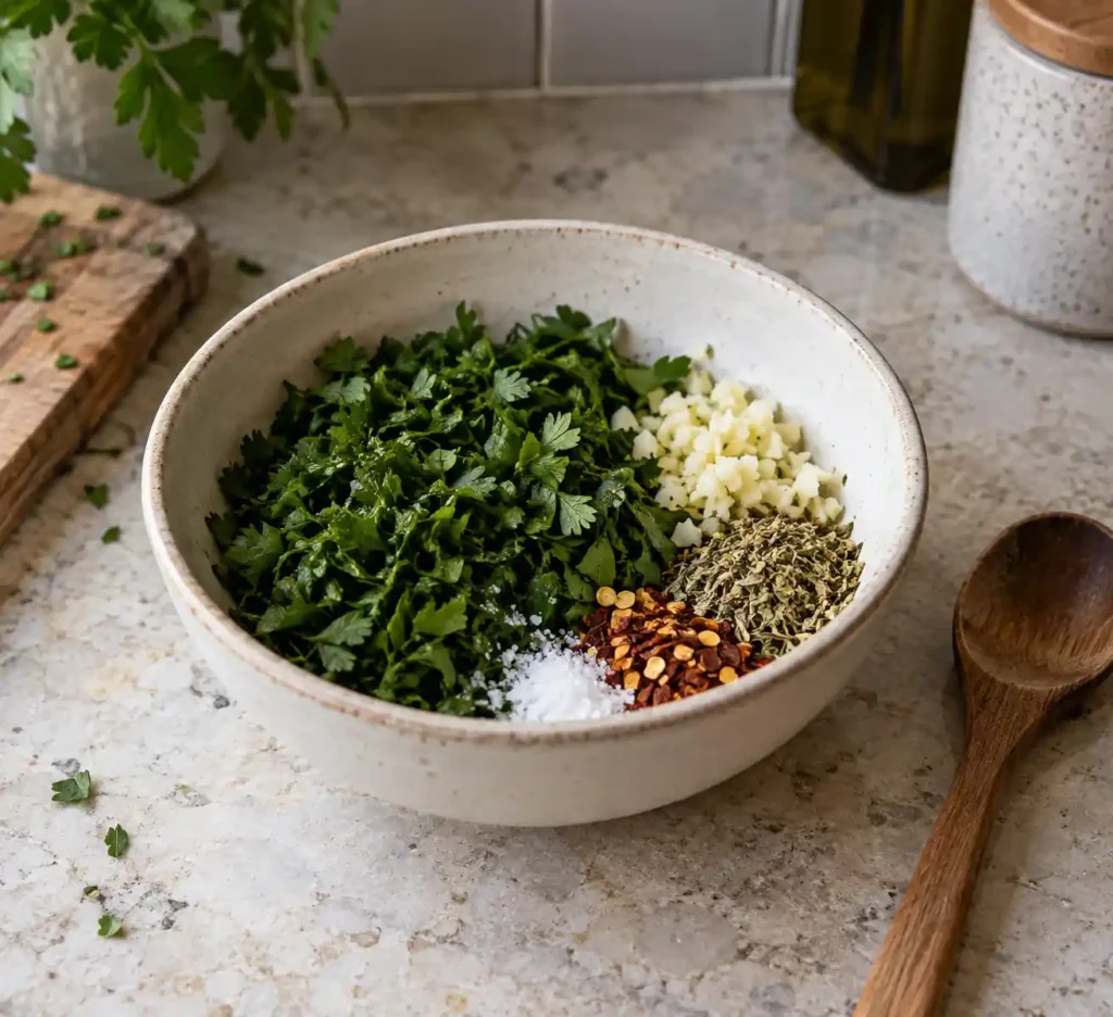 Chopped parsley, garlic, oregano, red pepper flakes, and salt before mixing chimichurri