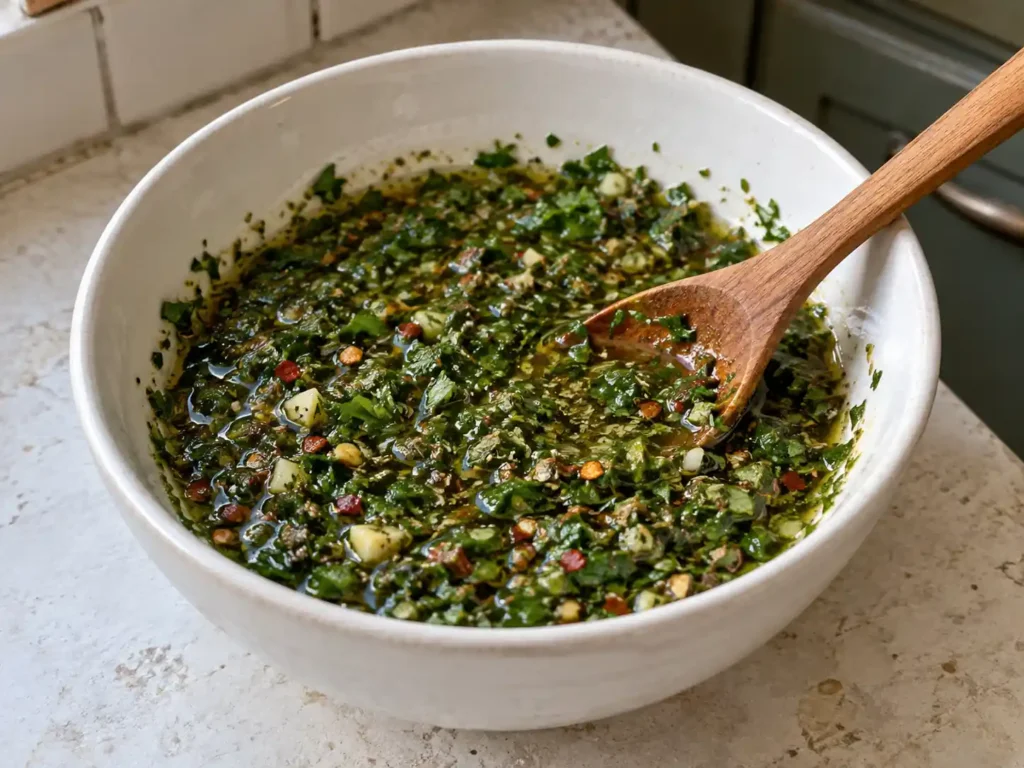 Authentic chimichurri recipe stirred with olive oil and red wine vinegar