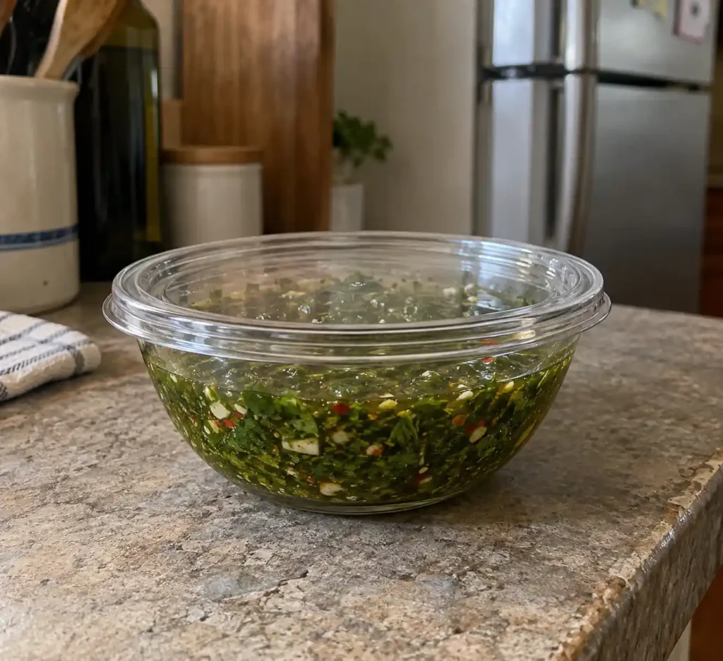 Covered hand-chopped chimichurri resting before refrigeration