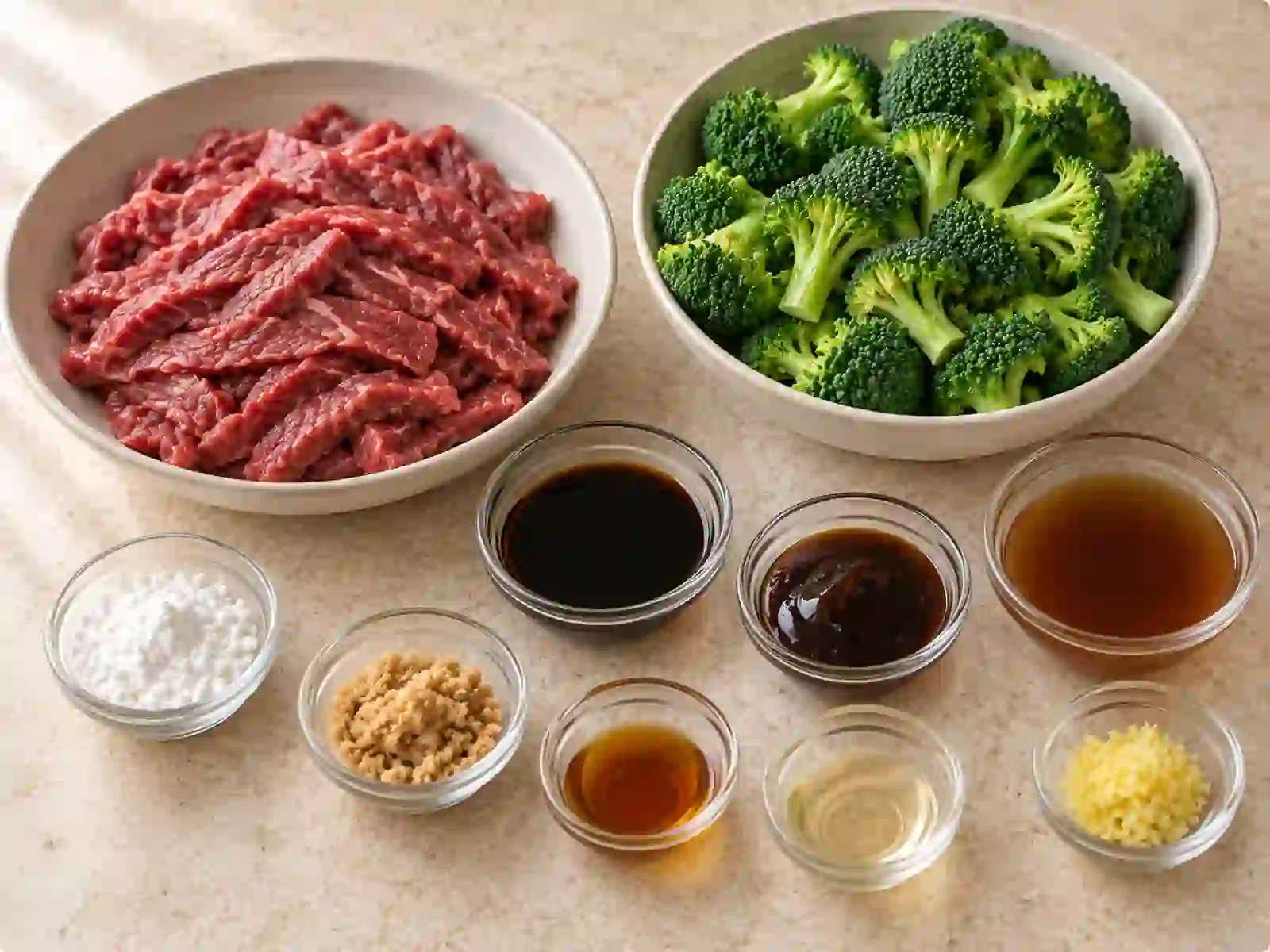 Sliced flank steak, broccoli, and sauce ingredients arranged for beef and broccoli.