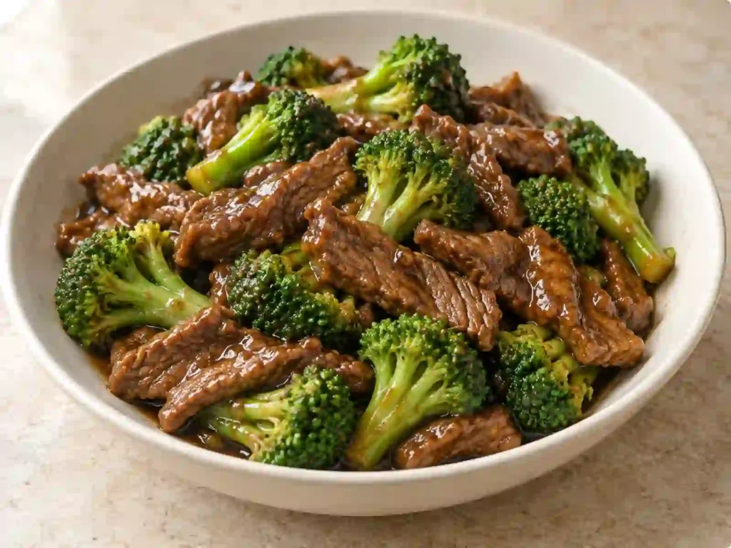 Beef and broccoli recipe with sliced beef, crisp-tender broccoli, and glossy brown sauce.