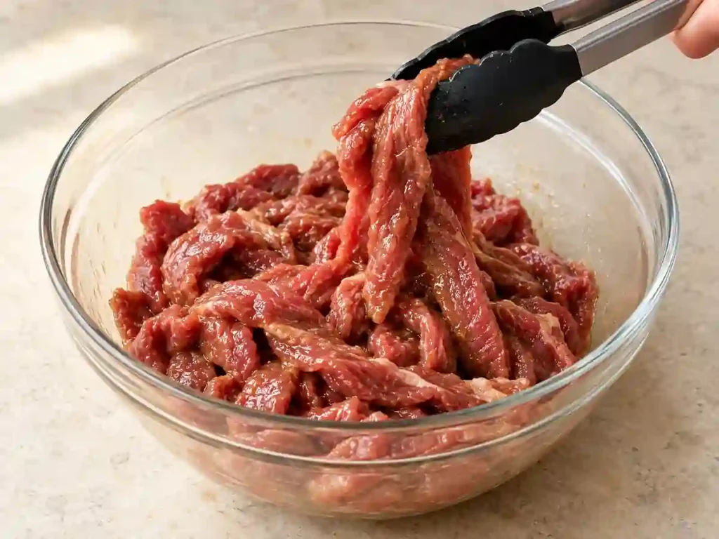 Raw flank steak strips evenly coated with soy sauce, cornstarch, and oil in a glass bowl.