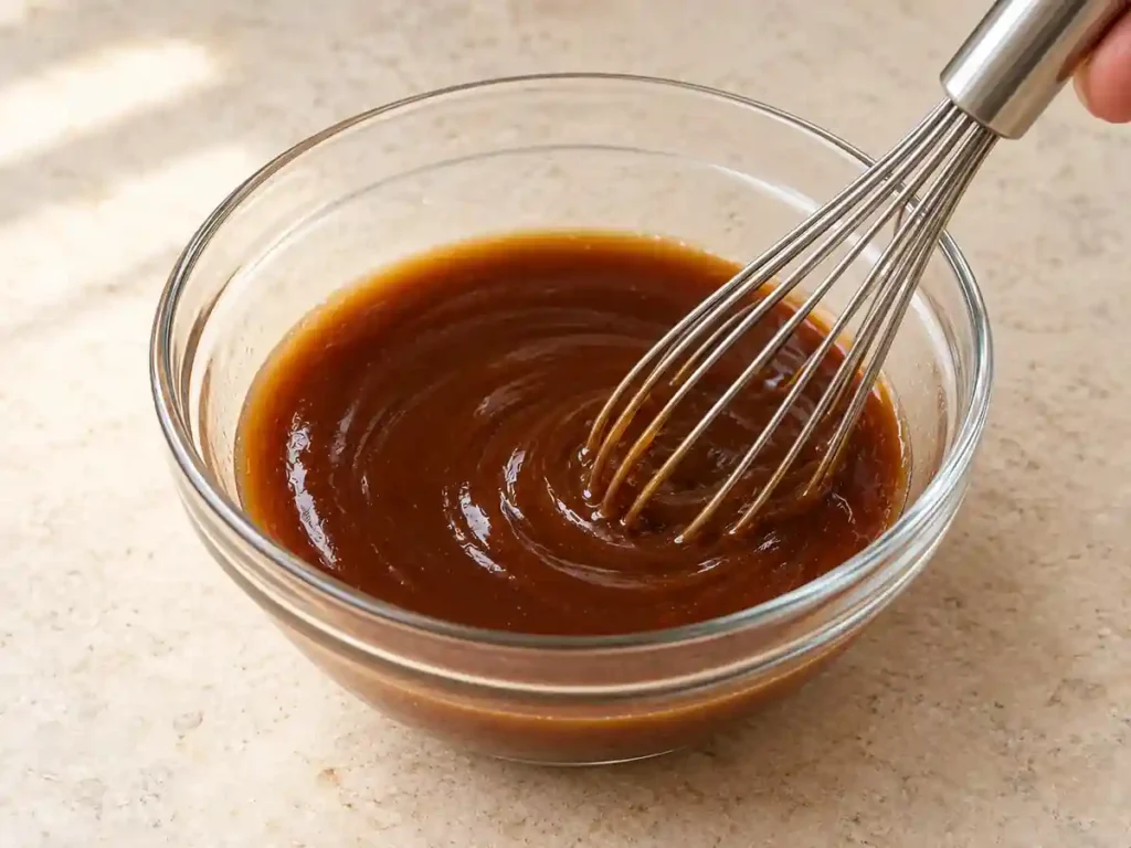 Brown stir-fry sauce whisked smooth in a clear glass bowl.