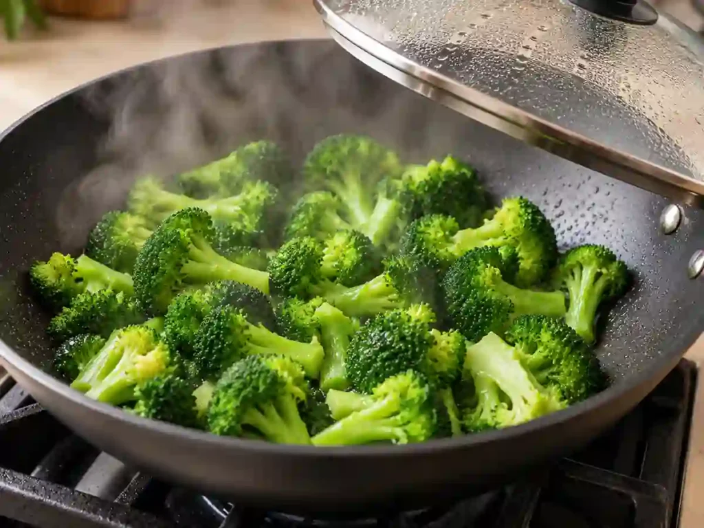 Bright green broccoli steaming in a skillet until crisp-tender.