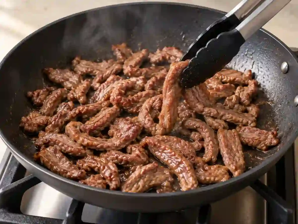 Thin flank steak strips searing in a hot skillet until browned at the edges.