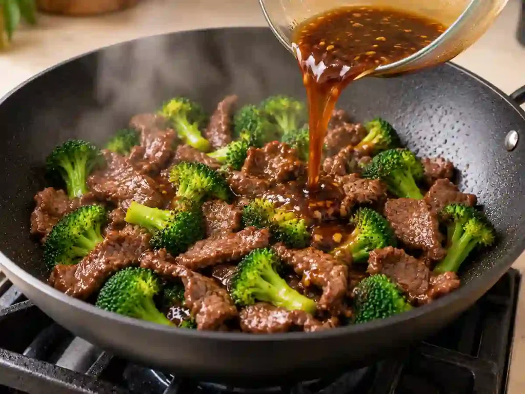 Seared beef and broccoli combined in a skillet with glossy brown sauce.