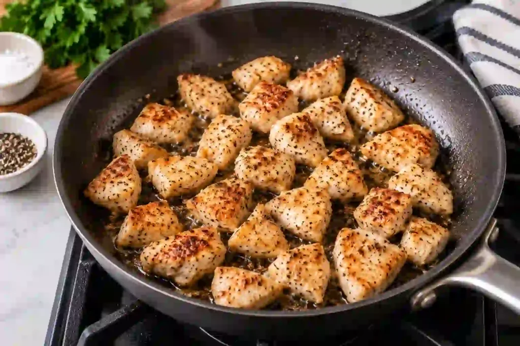 Golden chicken pieces browning in a skillet for garlic parmesan chicken pasta