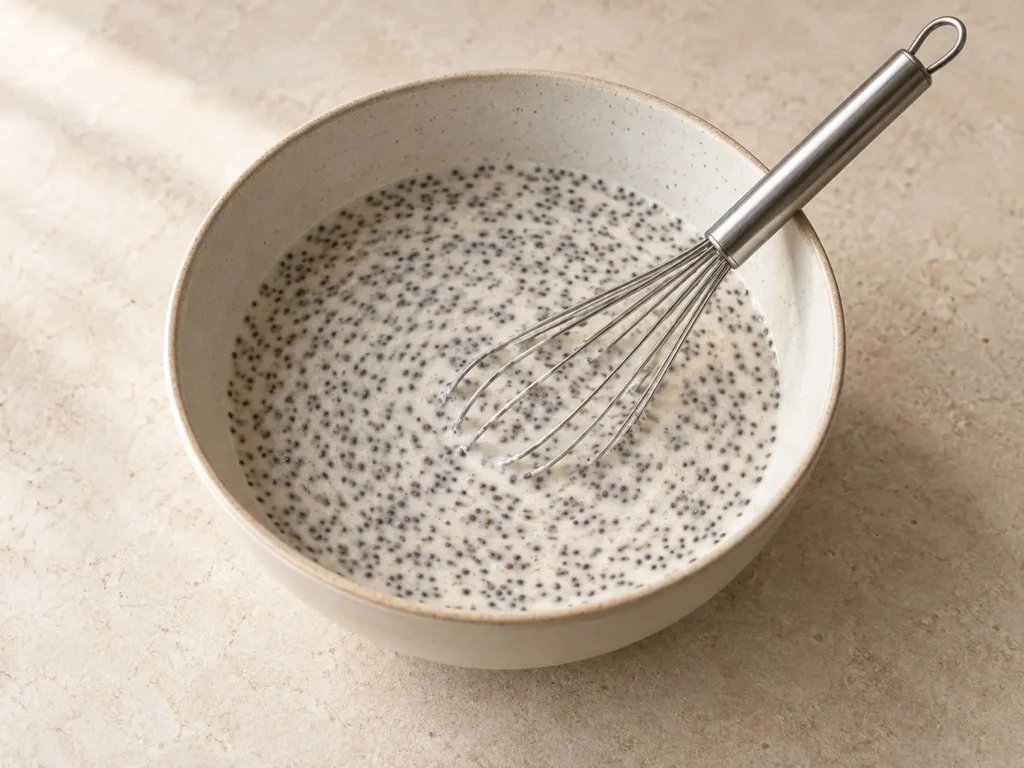 Chia seeds evenly mixed into almond milk for pudding