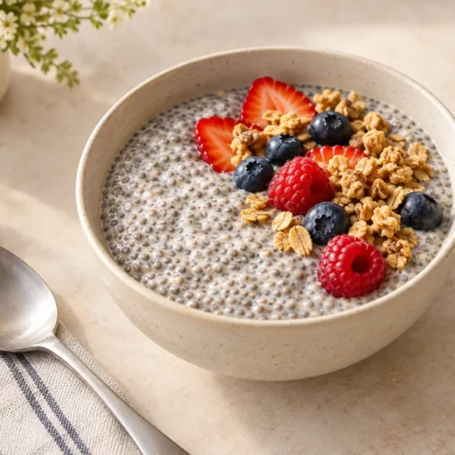 Creamy chia pudding recipe served with berries and granola