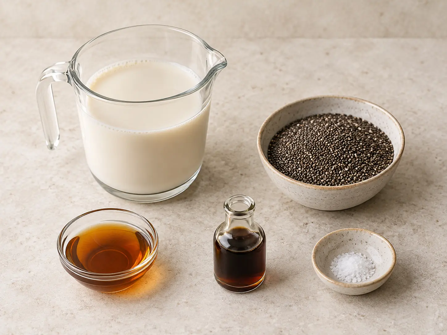 Ingredients for this chia pudding recipe with almond milk and chia seeds