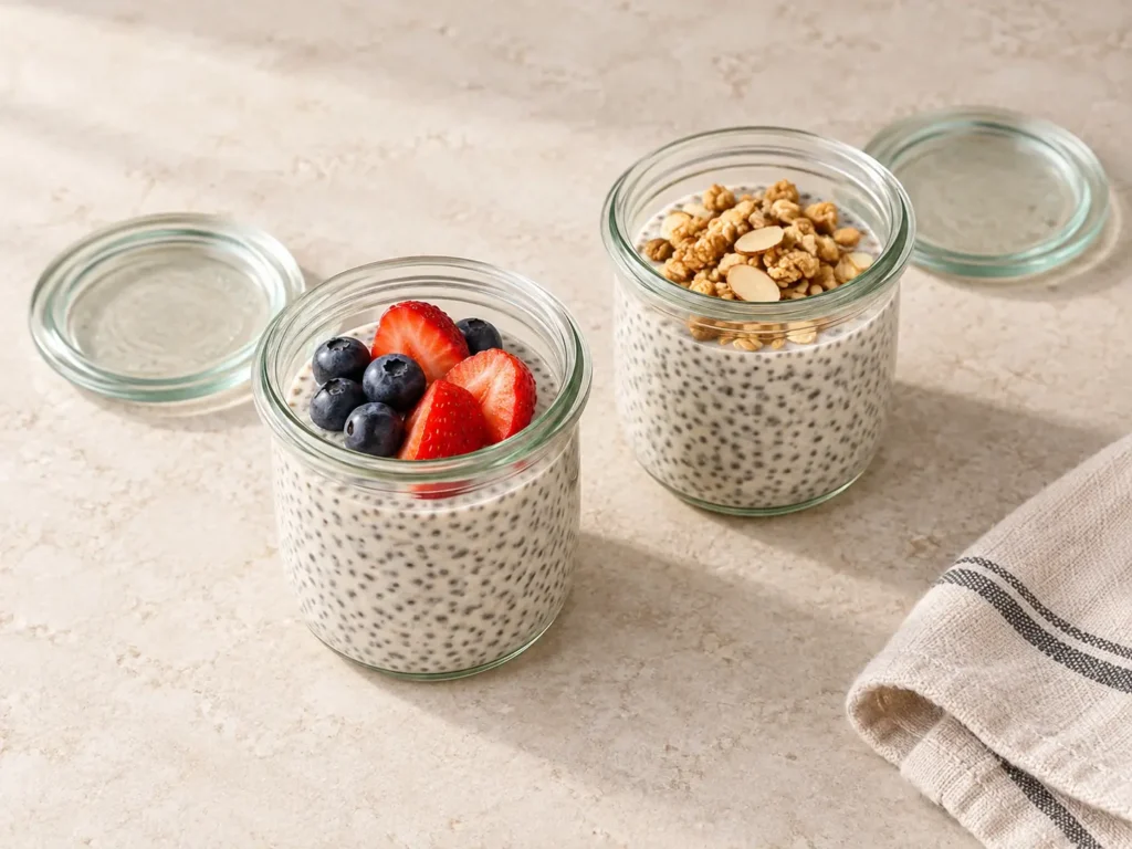Chilled chia pudding served in two breakfast jars