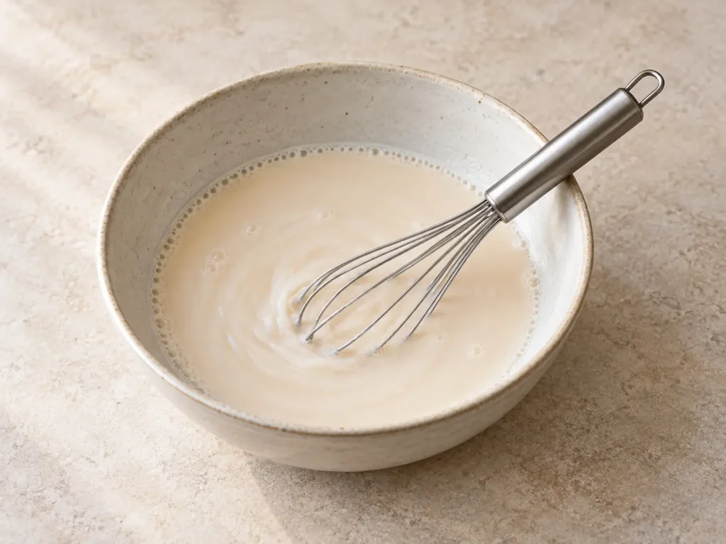 Almond milk mixture whisked with maple syrup and vanilla