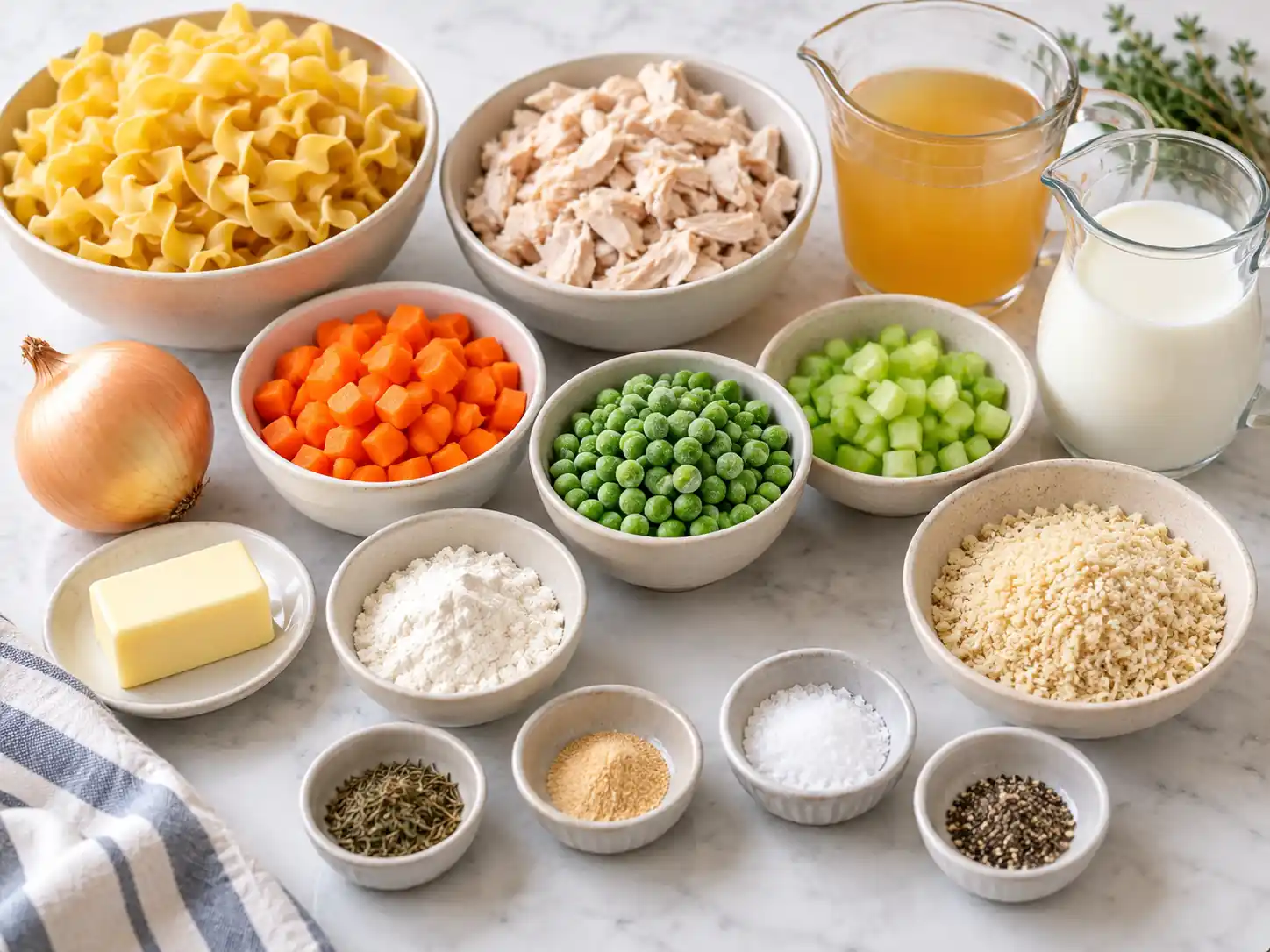 Chicken pot pie noodle casserole ingredients with egg noodles, chicken, peas, carrots, celery, milk, broth and panko