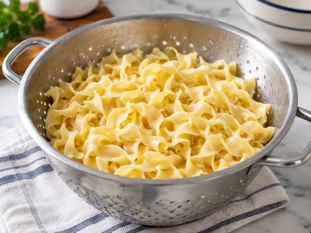 Egg noodles drained for chicken pot pie noodle casserole, cooked just shy of tender