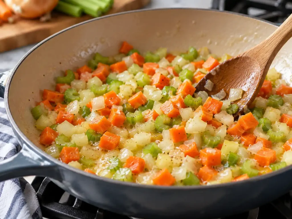 Onion, carrots and celery softening in butter for chicken pot pie noodle casserole