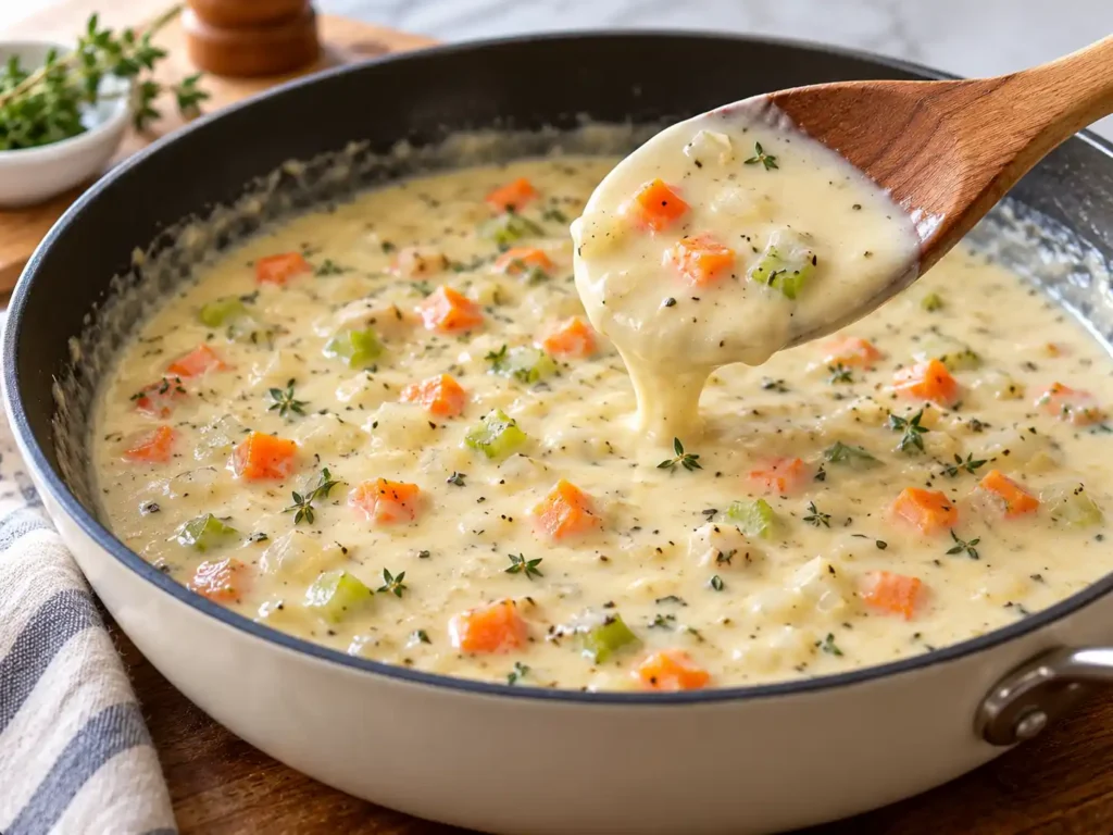 Creamy thyme sauce for chicken pot pie noodle casserole coating a spoon with vegetables