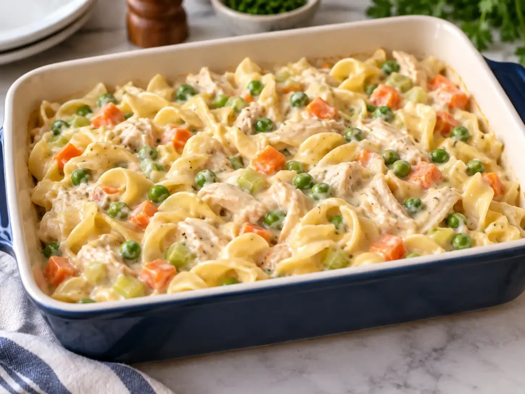 Chicken, peas and egg noodles coated in creamy sauce in a baking dish before panko topping