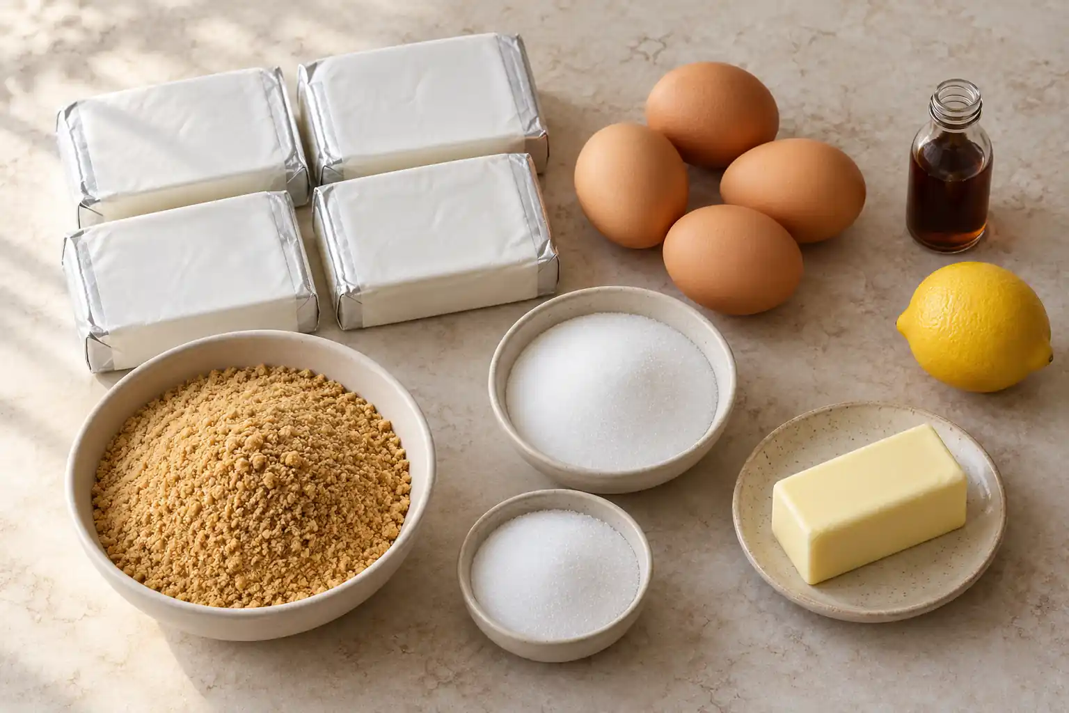 Classic New York cheesecake ingredients: cream cheese, eggs, graham cracker crumbs, sugar, butter and vanilla