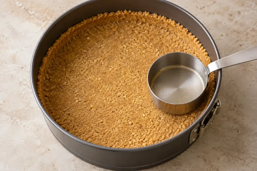Graham cracker crust pressed into a springform pan for New York cheesecake