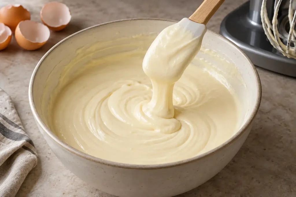 Smooth cream cheese filling after gently mixing the cheesecake batter