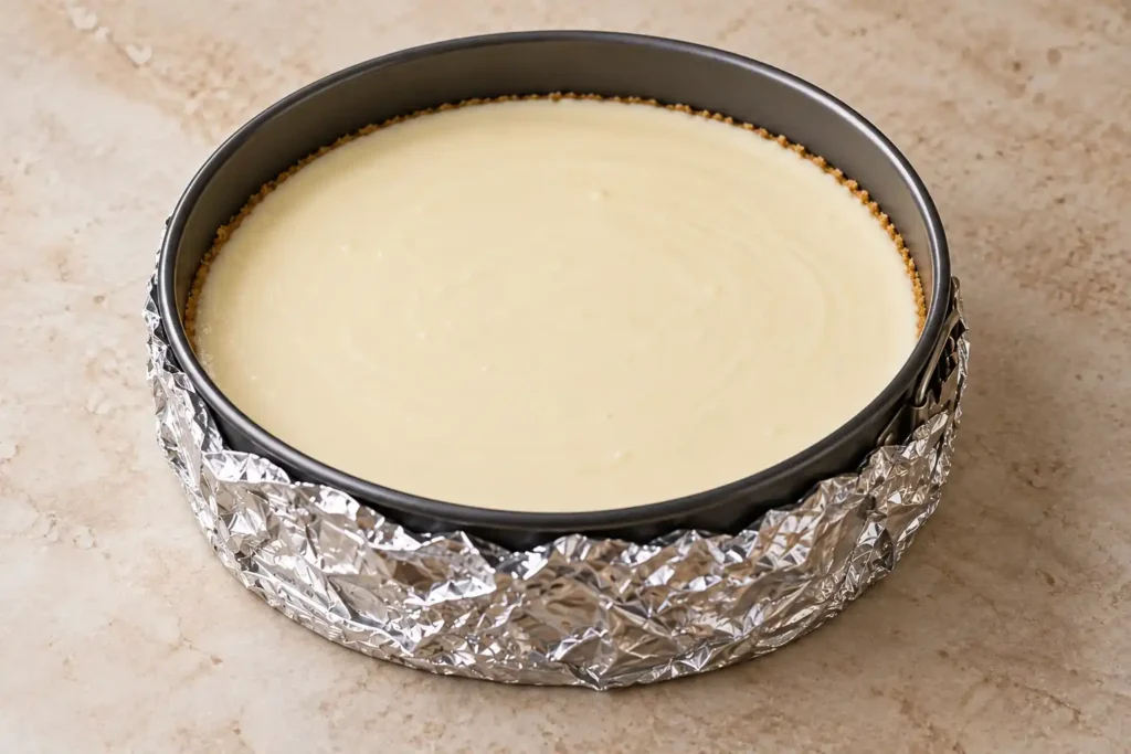 Unbaked cheesecake filling in a dark springform pan wrapped in foil before its water bath
