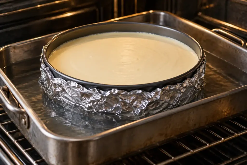 Foil wrapped springform pan inside a roasting pan water bath