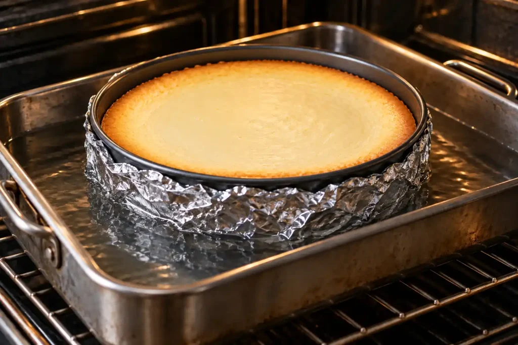 Baked New York cheesecake with set edges in the same foil wrapped water bath